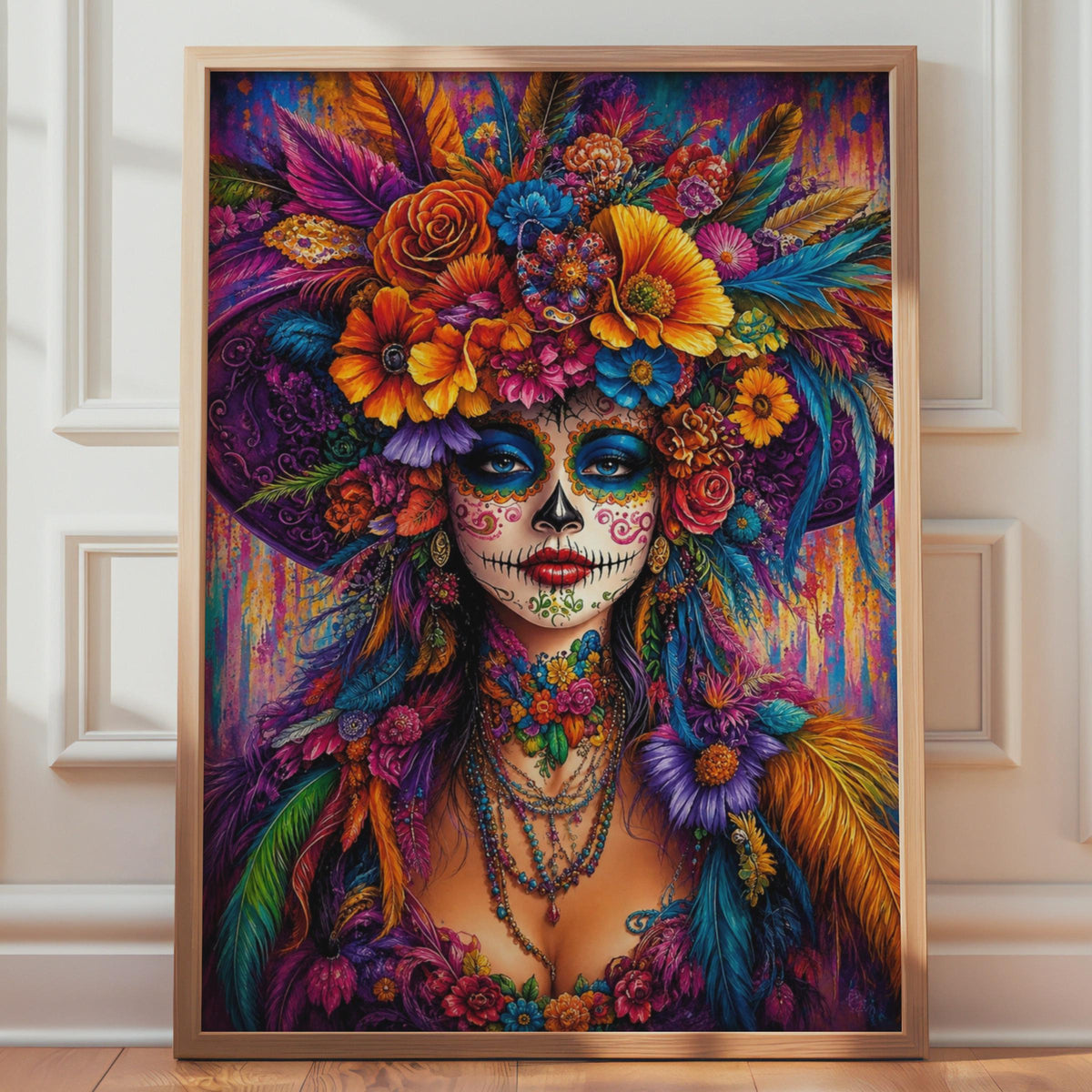 Day of the Dead Poster, Sugar Skull Woman Wall Art, Dia de Muertos Floral Print, Colourful Mexican Skull Decor, Catrina Art Print