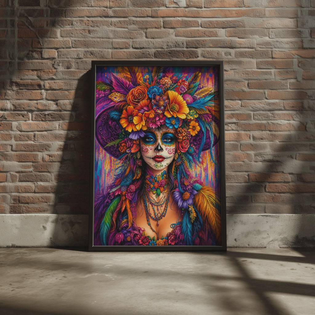 Day of the Dead Poster, Sugar Skull Woman Wall Art, Dia de Muertos Floral Print, Colourful Mexican Skull Decor, Catrina Art Print