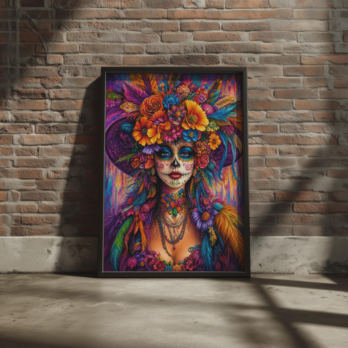 Day of the Dead Poster, Sugar Skull Woman Wall Art, Dia de Muertos Floral Print, Colourful Mexican Skull Decor, Catrina Art Print