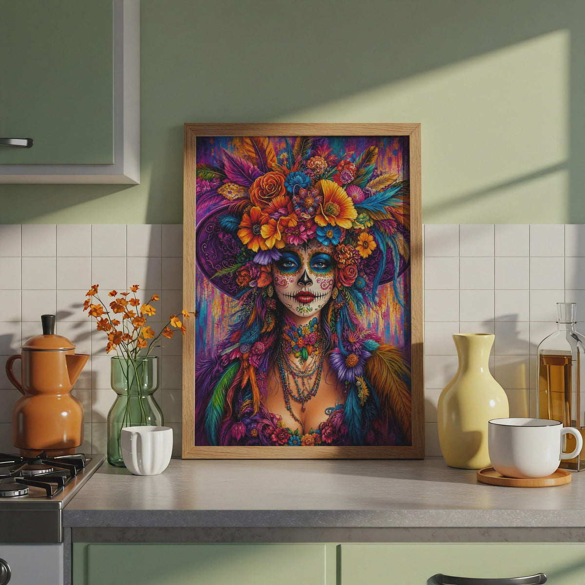Day of the Dead Poster, Sugar Skull Woman Wall Art, Dia de Muertos Floral Print, Colourful Mexican Skull Decor, Catrina Art Print