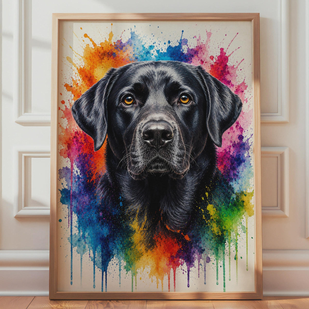 Black Labrador Retriever Watercolour Splash Dog Art Print, Rainbow Pet Portrait Wall Decor