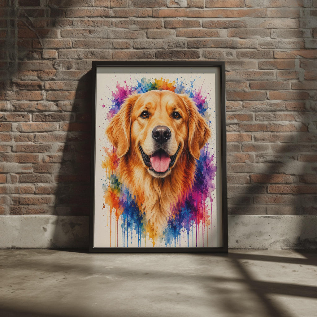 Golden Retriever Watercolor Portrait, Vibrant Rainbow Splash Dog Art Print