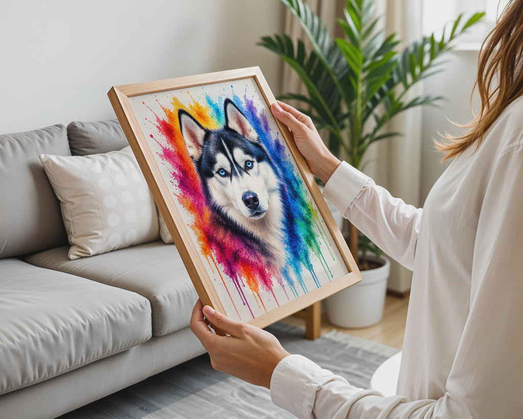 Siberian Husky Portrait, Rainbow Watercolour Splash Dog Print, Blue Eyes Animal Art