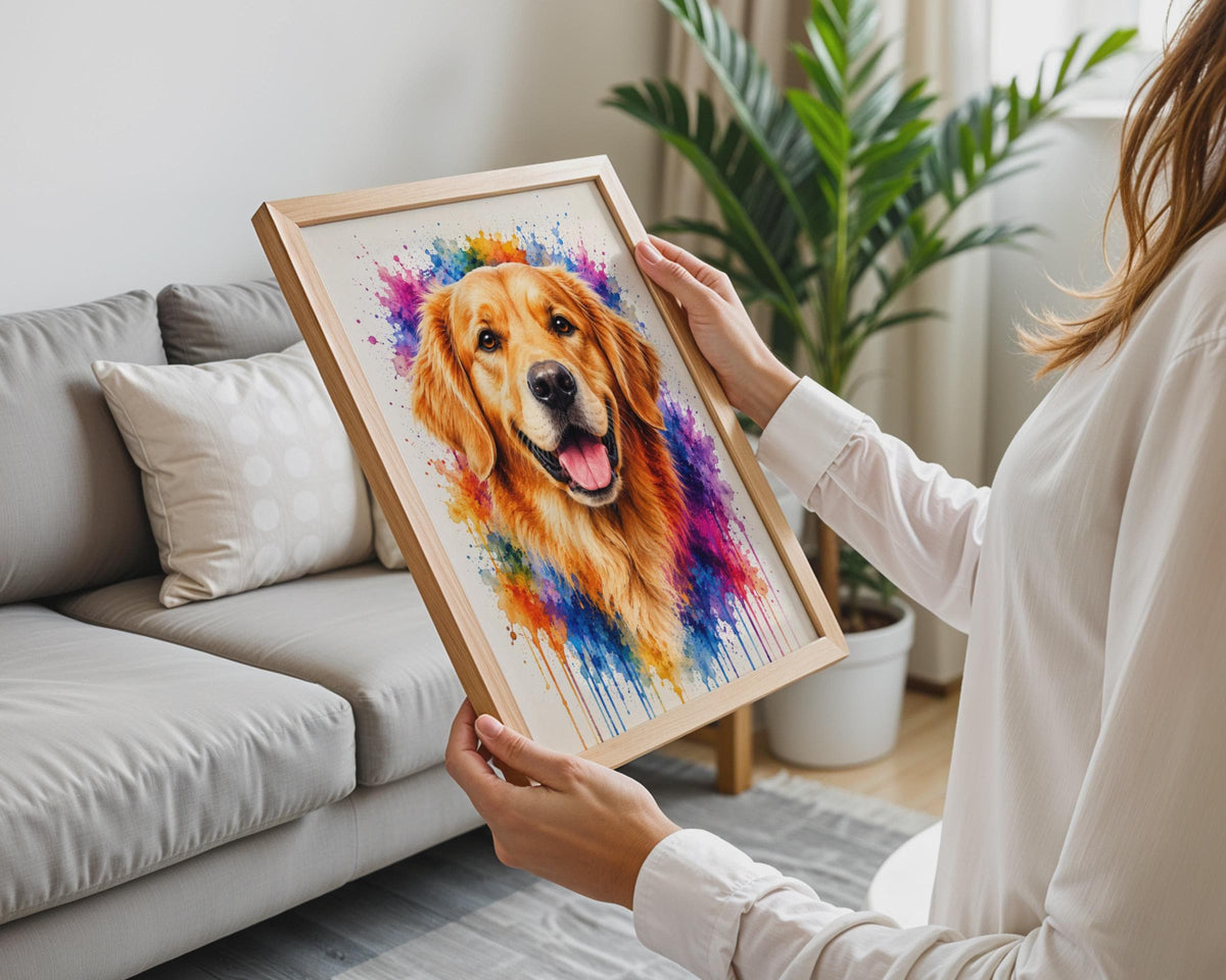 Golden Retriever Watercolor Portrait, Vibrant Rainbow Splash Dog Art Print