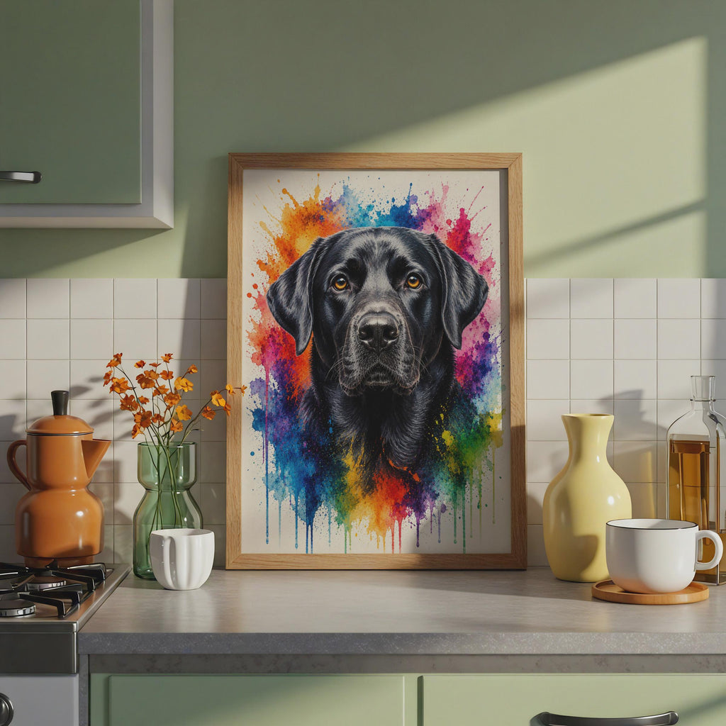 Black Labrador Retriever Watercolour Splash Dog Art Print, Rainbow Pet Portrait Wall Decor