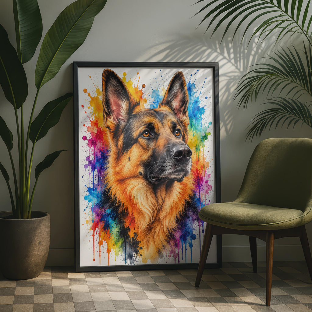 German Shepherd Watercolour Splash Print, Vibrant Dog Breed Wall Art