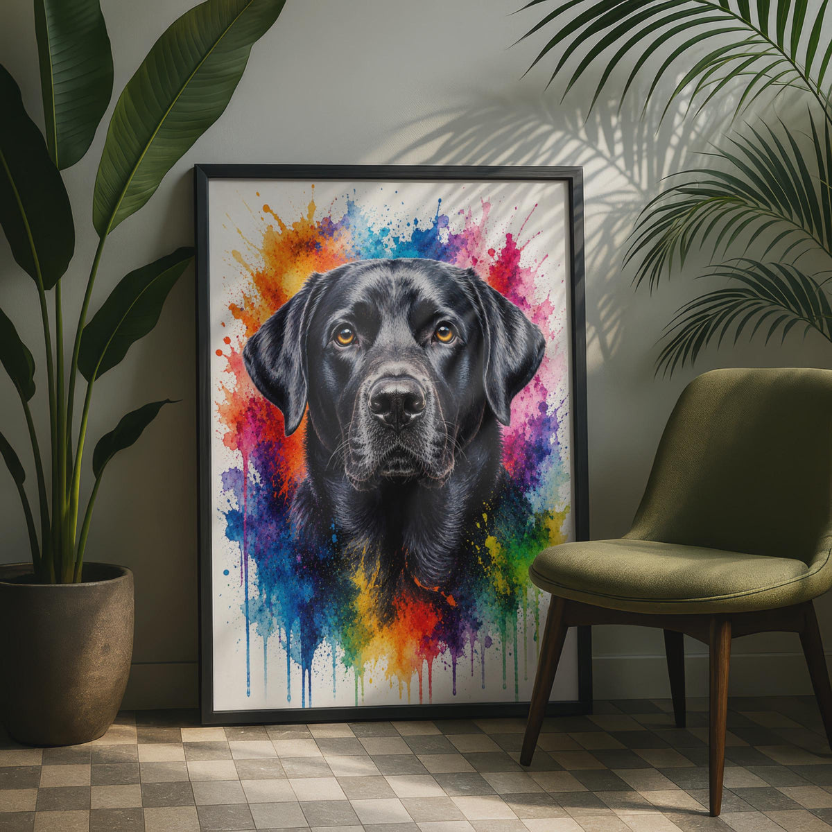 Black Labrador Retriever Watercolour Splash Dog Art Print, Rainbow Pet Portrait Wall Decor