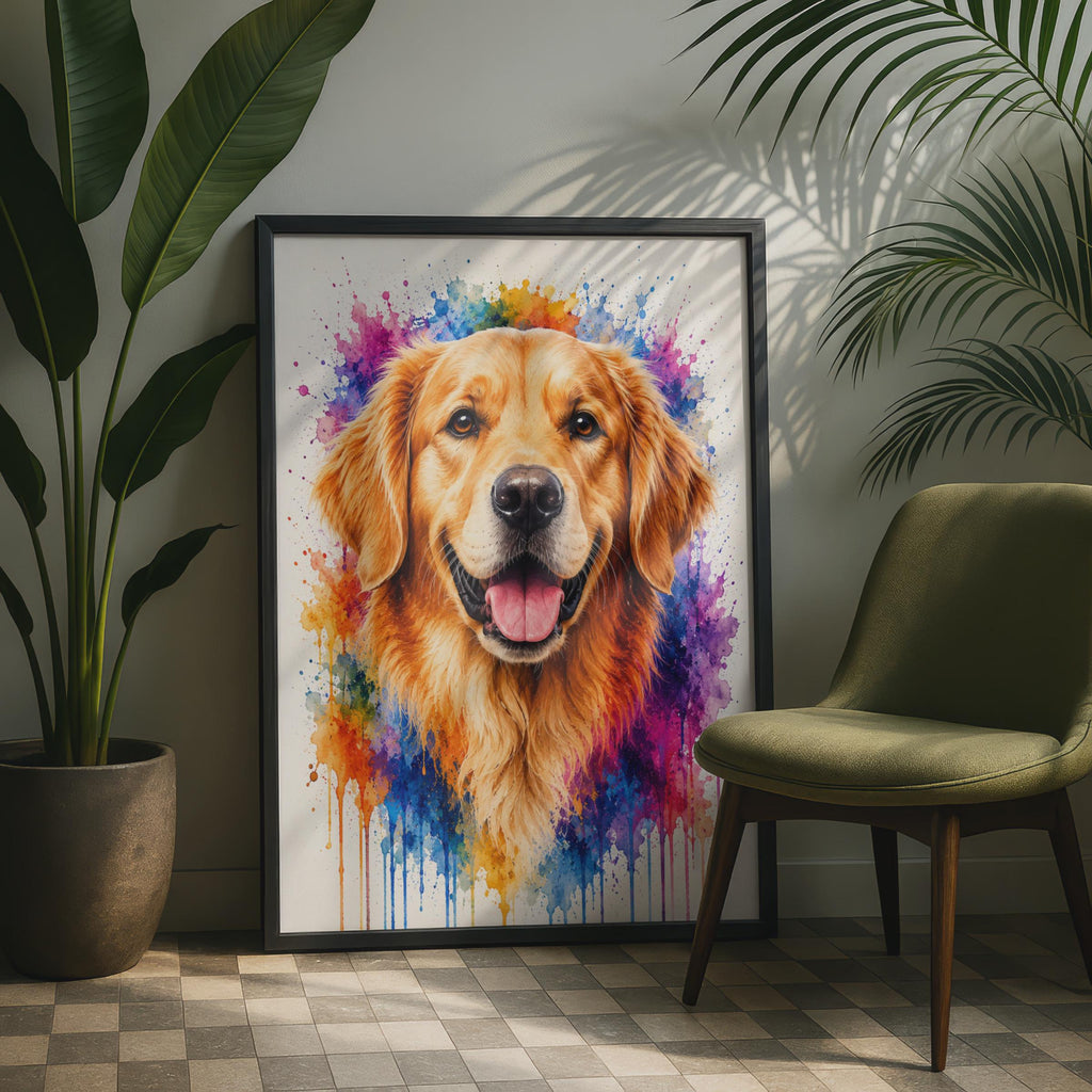 Golden Retriever Watercolor Portrait, Vibrant Rainbow Splash Dog Art Print