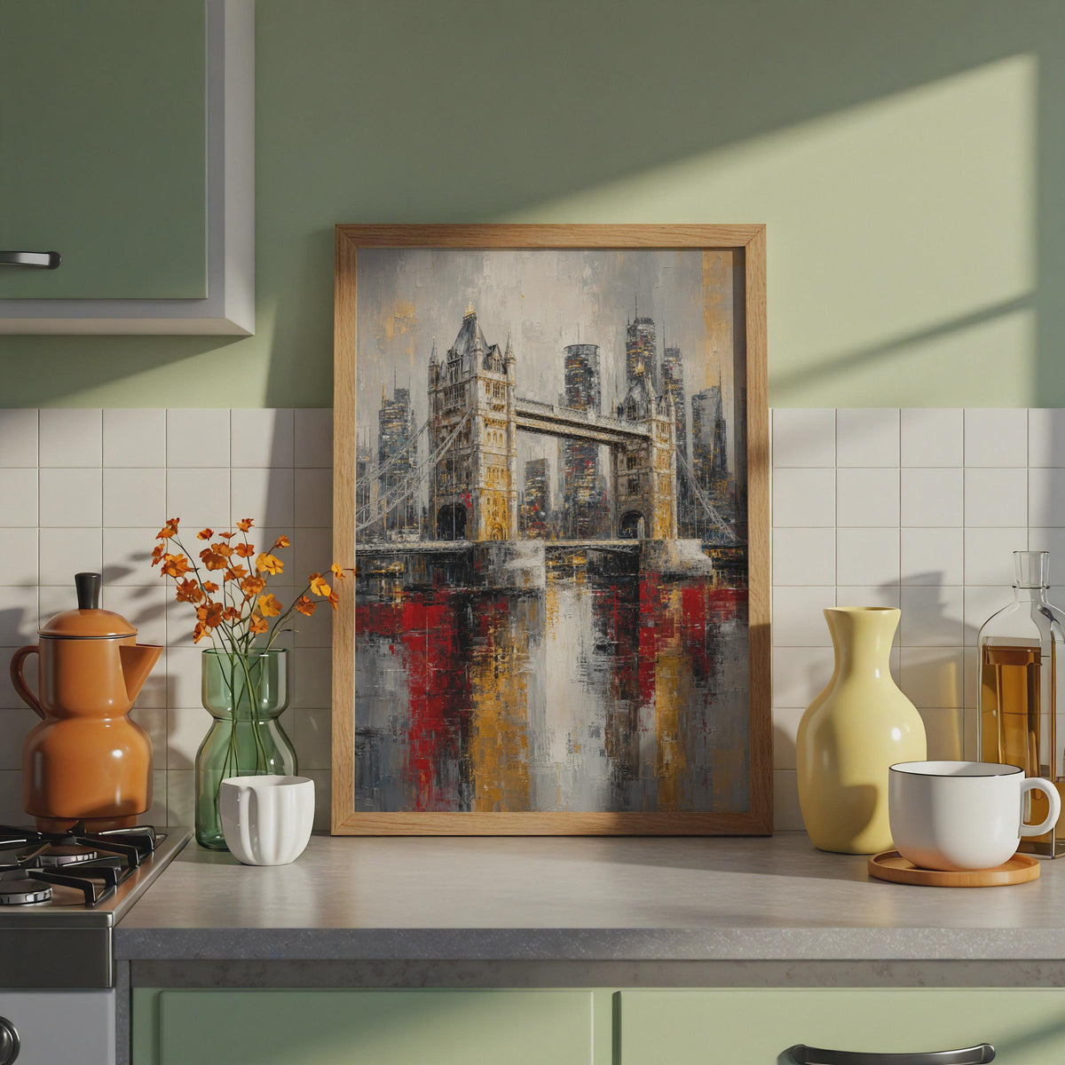Tower Bridge London Abstract Oil Painting Print, Grey Gold Red Skyline Wall Art