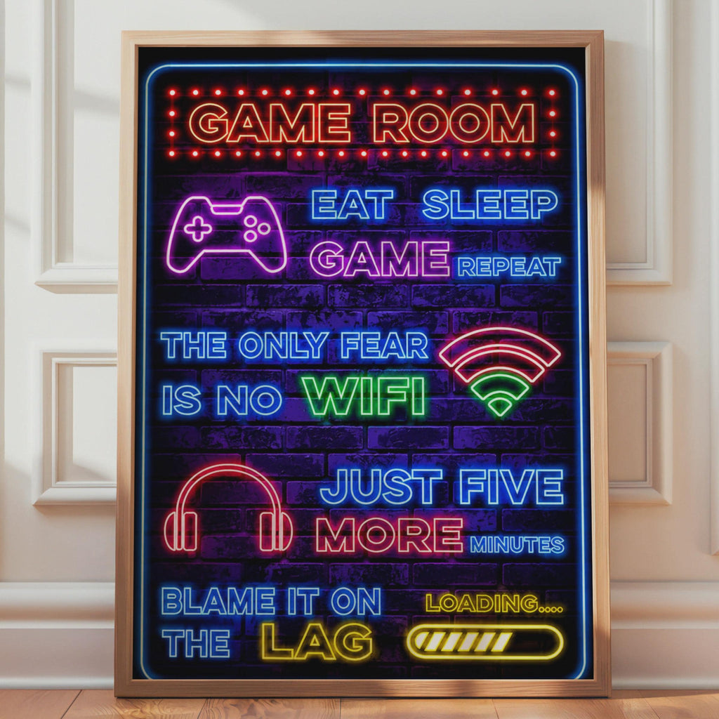 Neon Game Room Print, Eat Sleep Game Repeat, Gamer Wall Art, Boys Bedroom Decor