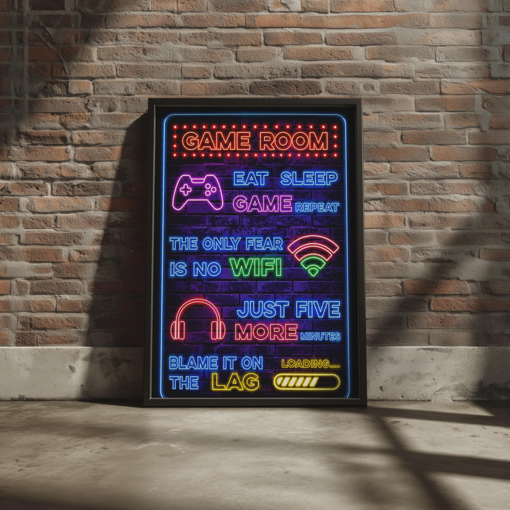 Neon Game Room Print, Eat Sleep Game Repeat, Gamer Wall Art, Boys Bedroom Decor