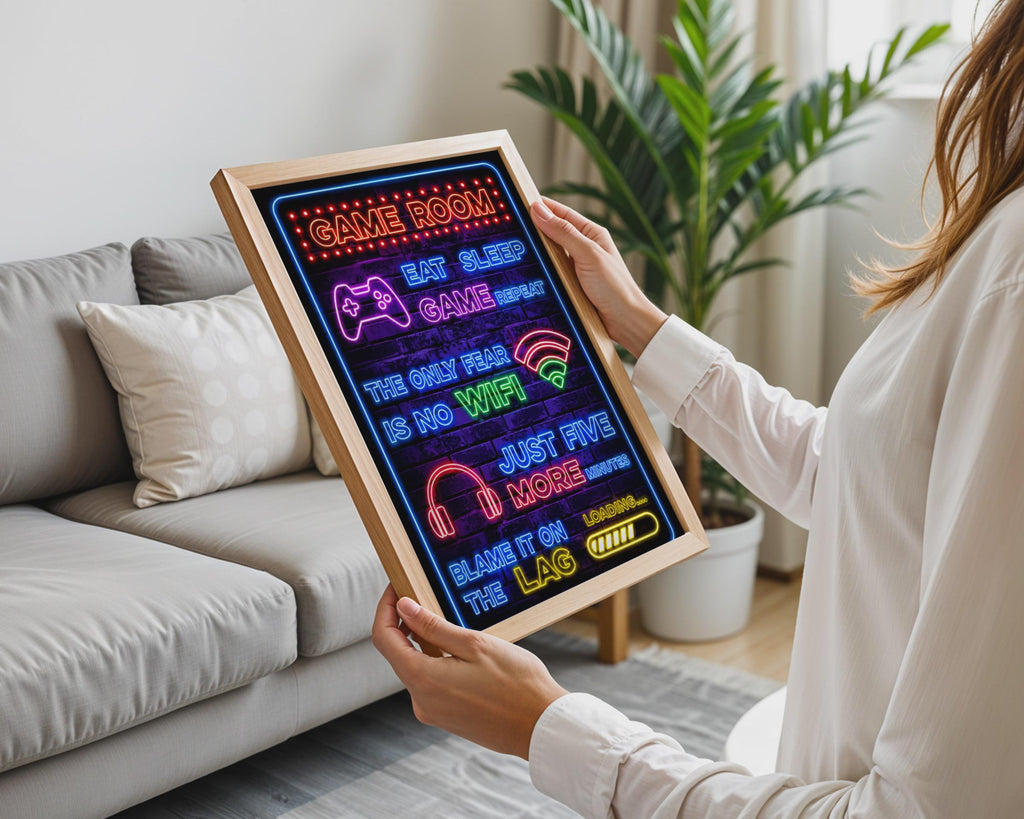 Neon Game Room Print, Eat Sleep Game Repeat, Gamer Wall Art, Boys Bedroom Decor