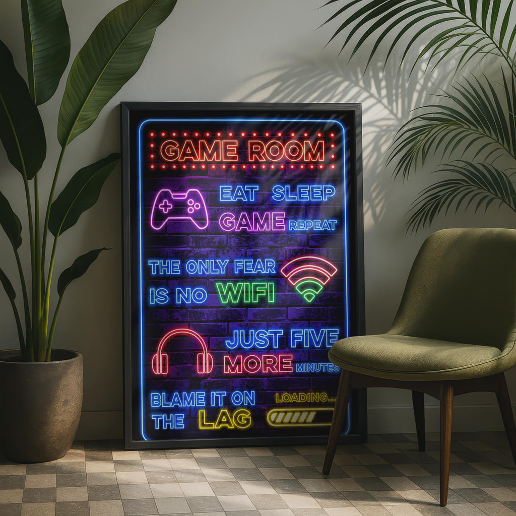 Neon Game Room Print, Eat Sleep Game Repeat, Gamer Wall Art, Boys Bedroom Decor