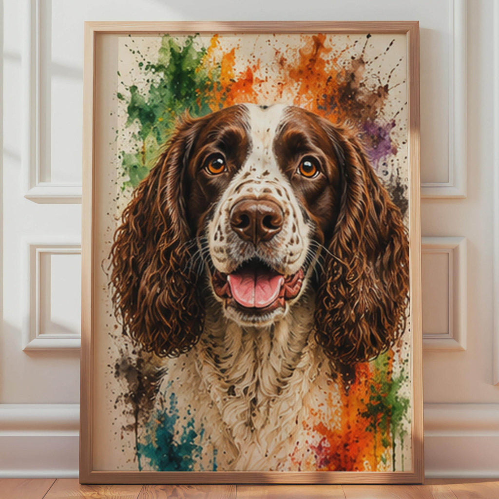 English Springer Spaniel Watercolour Splash Portrait, Vibrant Dog Lover Wall Art (Print)
