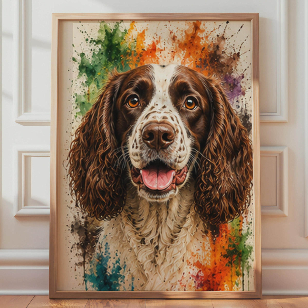 English Springer Spaniel Watercolour Splash Portrait, Vibrant Dog Lover Wall Art (Print)