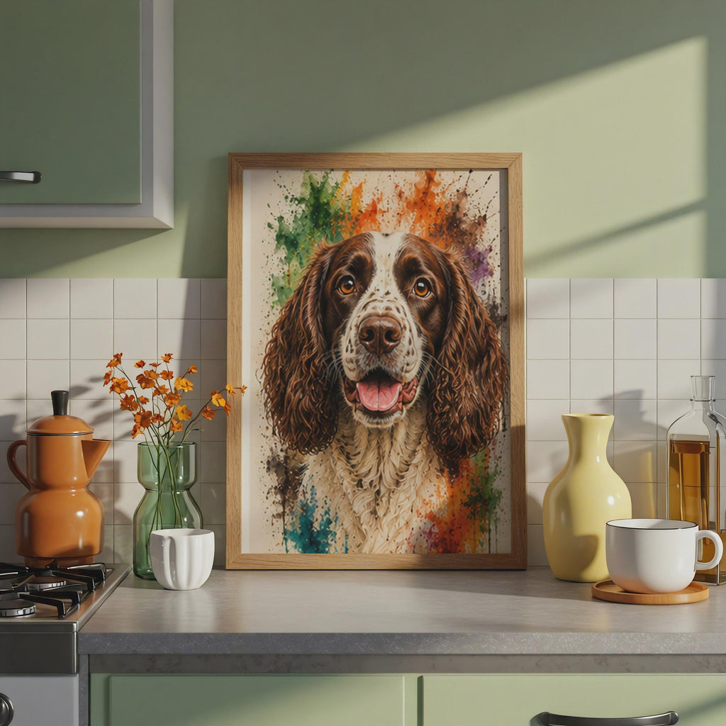 English Springer Spaniel Watercolour Splash Portrait, Vibrant Dog Lover Wall Art (Print)