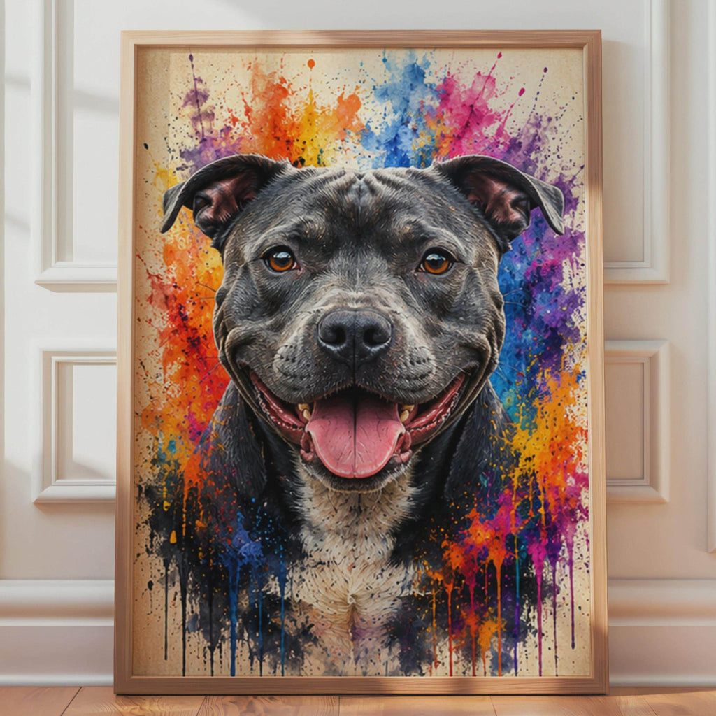 Staffordshire Bull Terrier Portrait, Colorful Paint Splash Staffy Art Print