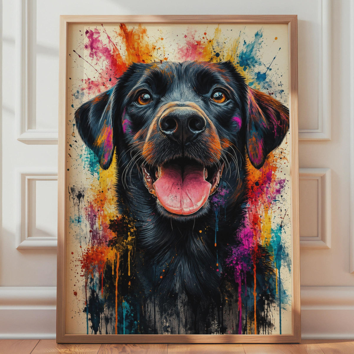 Black Labrador Watercolour Print, Vibrant Paint Splash Dog Art