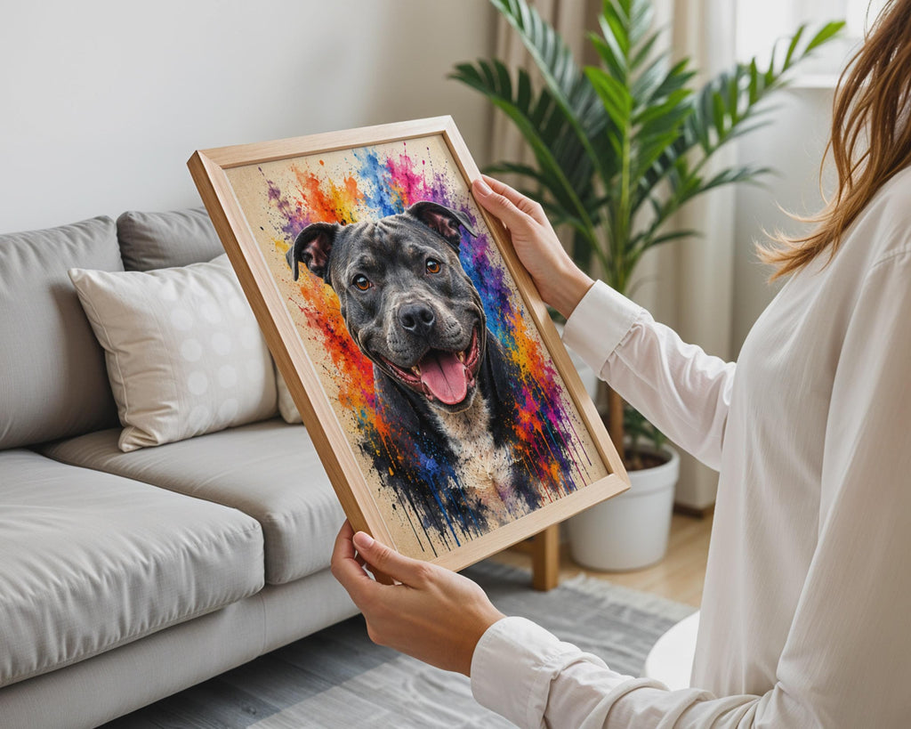 Staffordshire Bull Terrier Portrait, Colorful Paint Splash Staffy Art Print