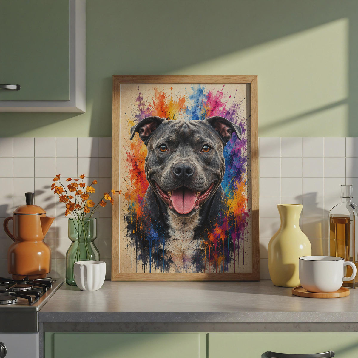 Staffordshire Bull Terrier Portrait, Colorful Paint Splash Staffy Art Print