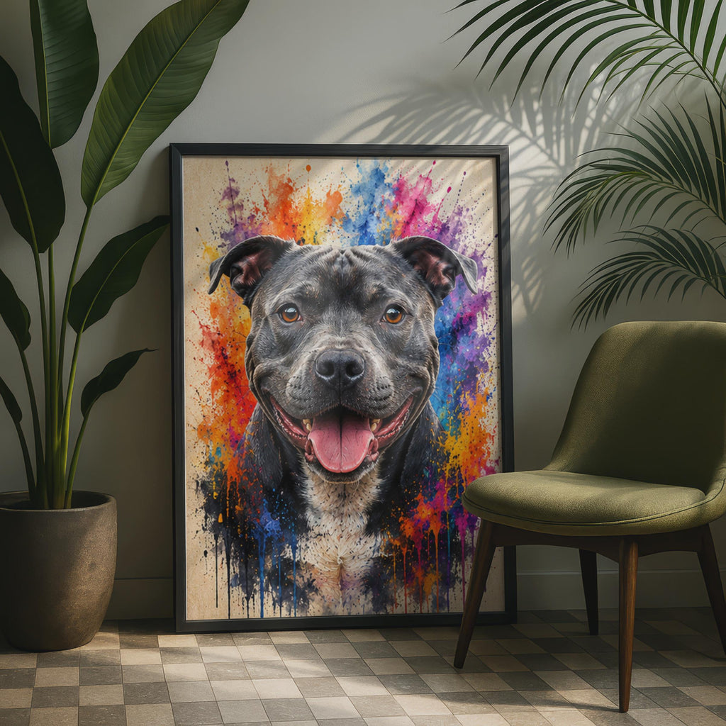 Staffordshire Bull Terrier Portrait, Colorful Paint Splash Staffy Art Print