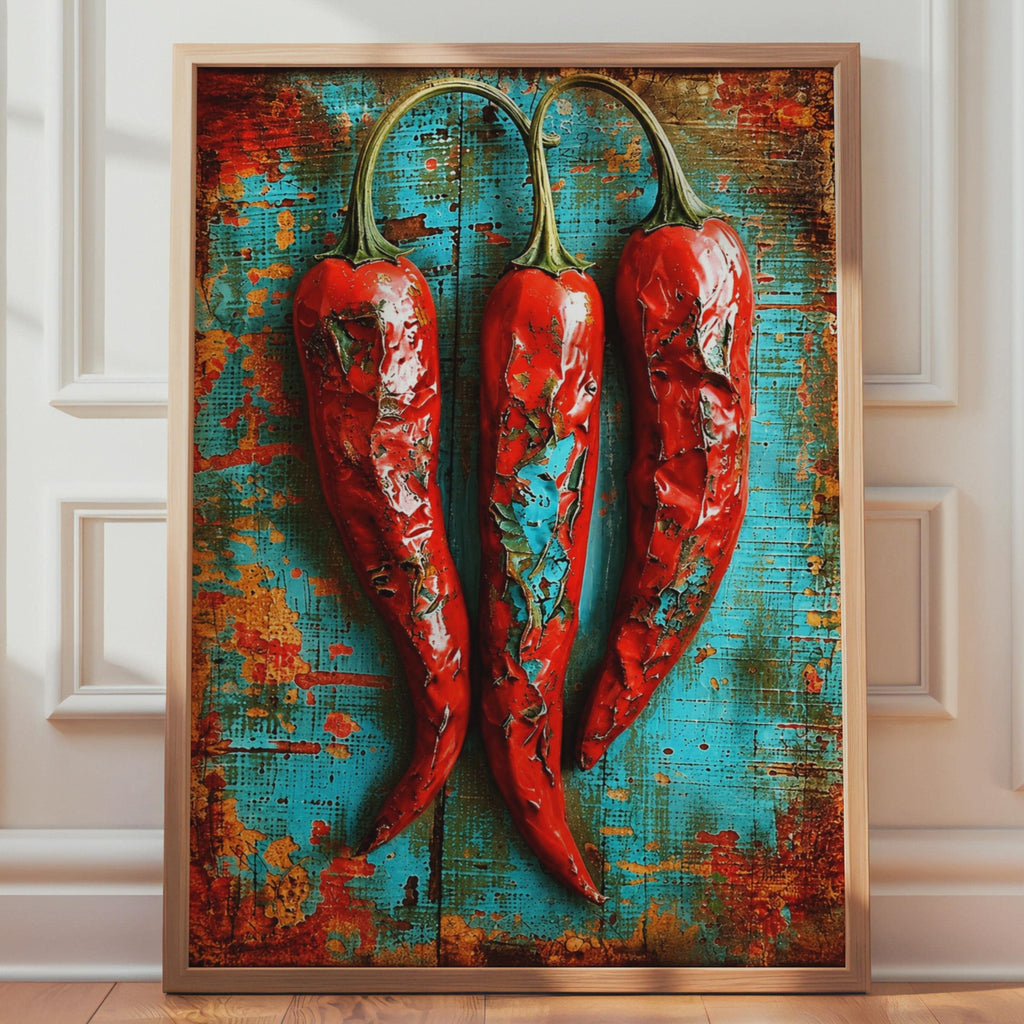 Three Red Chillies Vintage Poster, Rustic Teal Food Art, Bold Chilli Pepper Print