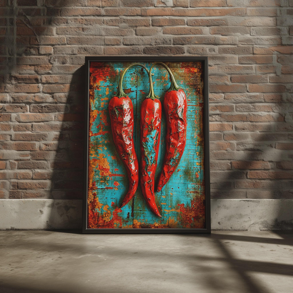 Three Red Chillies Vintage Poster, Rustic Teal Food Art, Bold Chilli Pepper Print