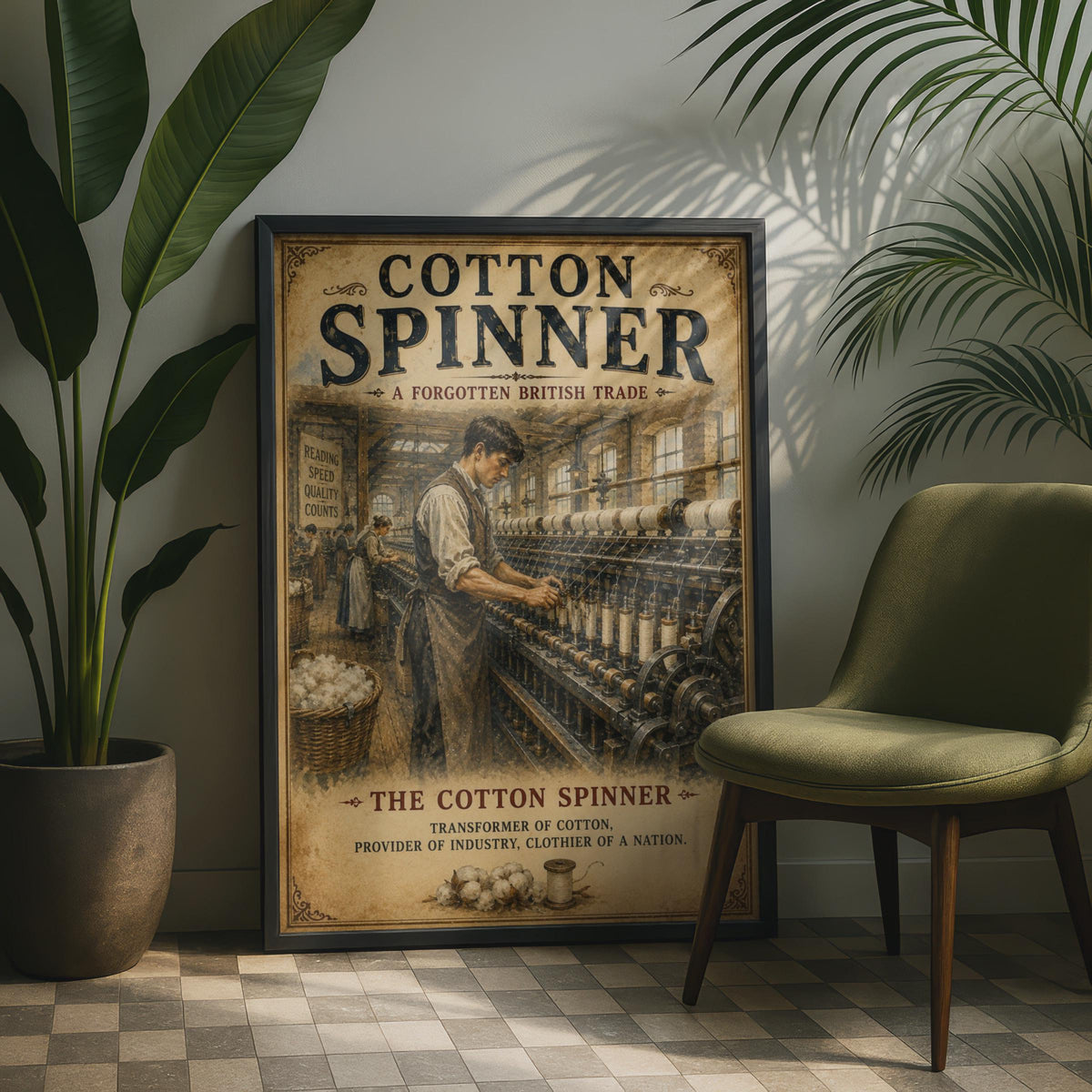 Cotton Spinner Vintage British Trade Poster, Industrial Mill Wall Art Print