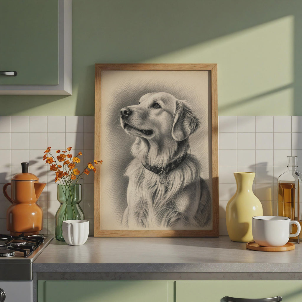Golden Retriever Graphite Portrait Print, Realistic Dog Wall Art, Pencil Sketch Poster