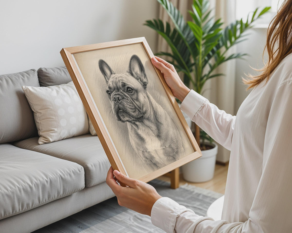 French Bulldog Graphite Sketch Portrait, Sepia Pencil Drawing Wall Art Print