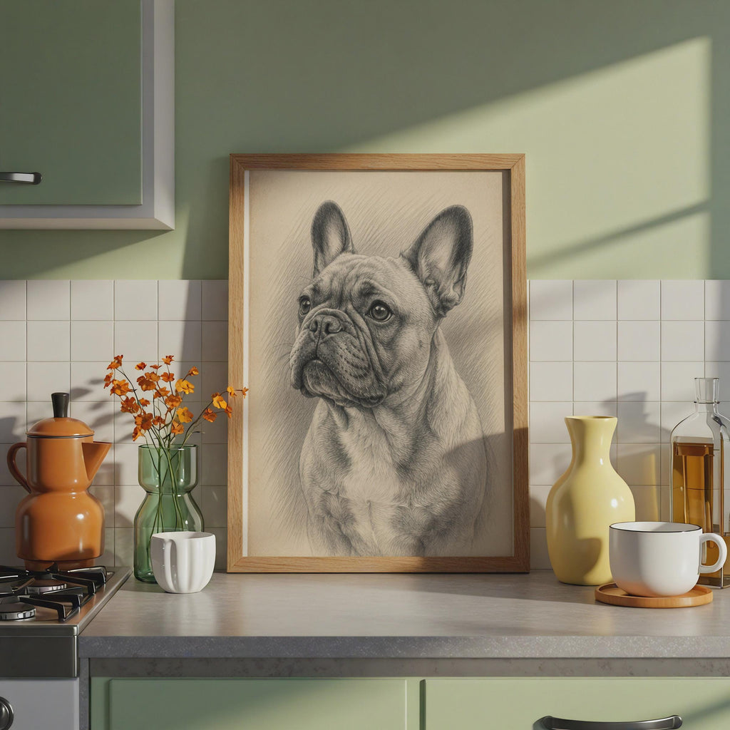French Bulldog Graphite Sketch Portrait, Sepia Pencil Drawing Wall Art Print