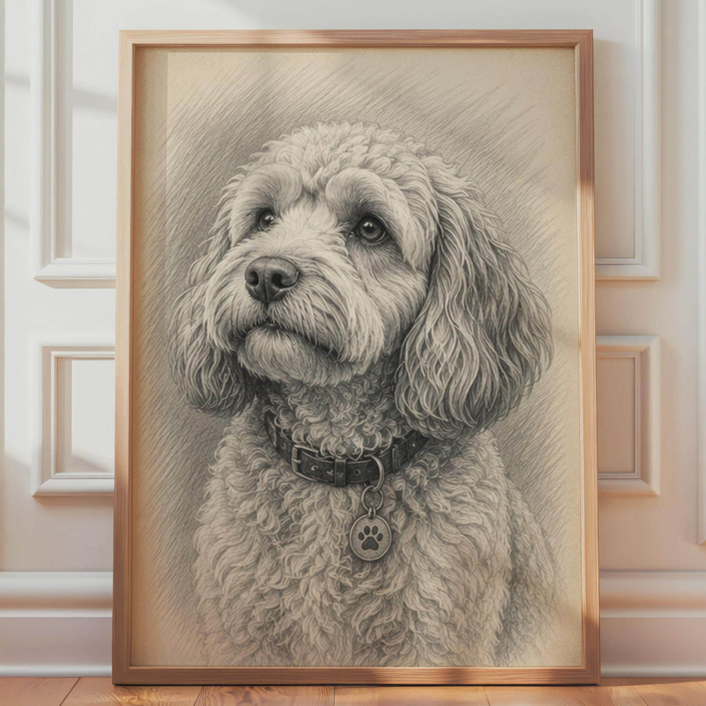Cockapoo Pencil Sketch Portrait, Curly Coat Dog Art Print