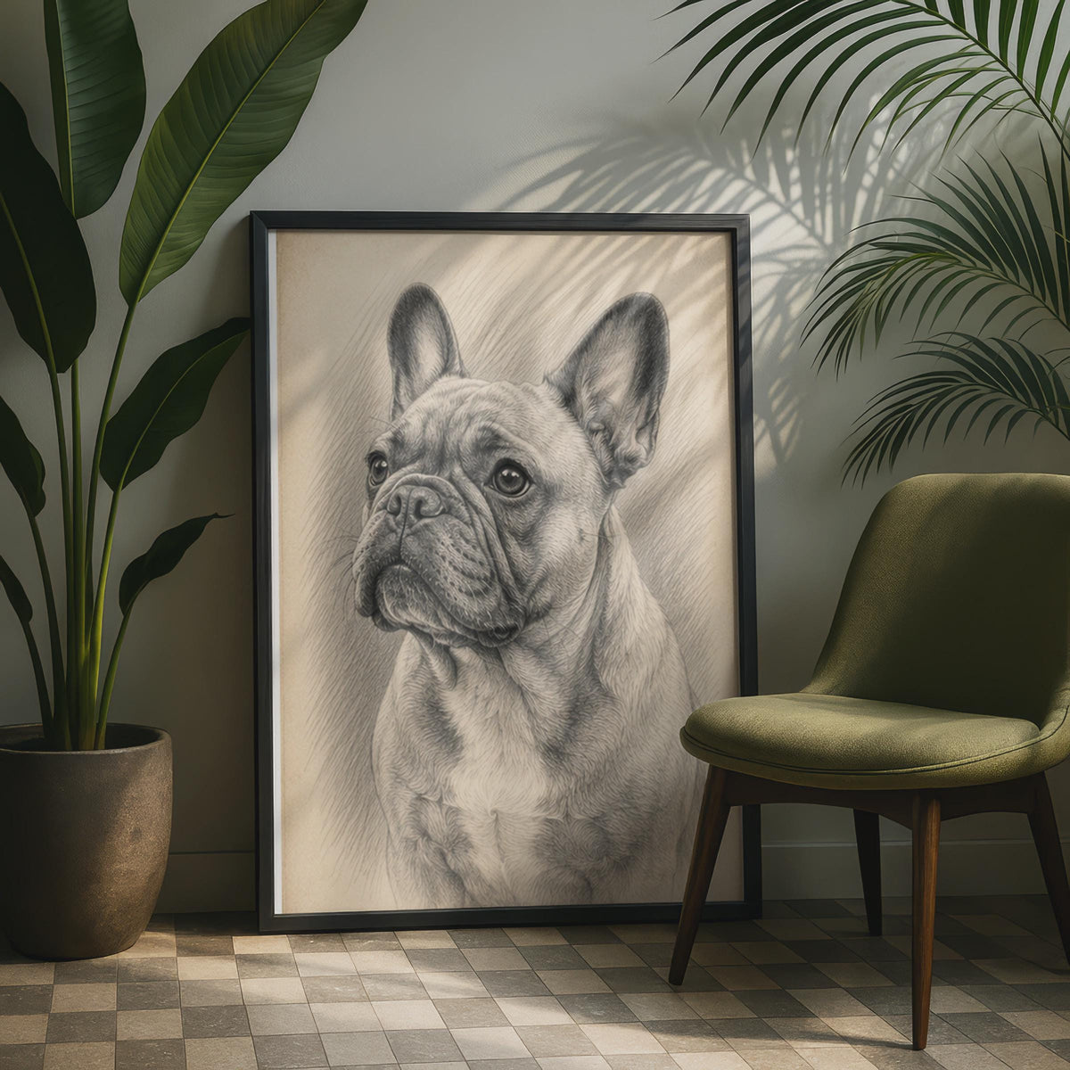 French Bulldog Graphite Sketch Portrait, Sepia Pencil Drawing Wall Art Print