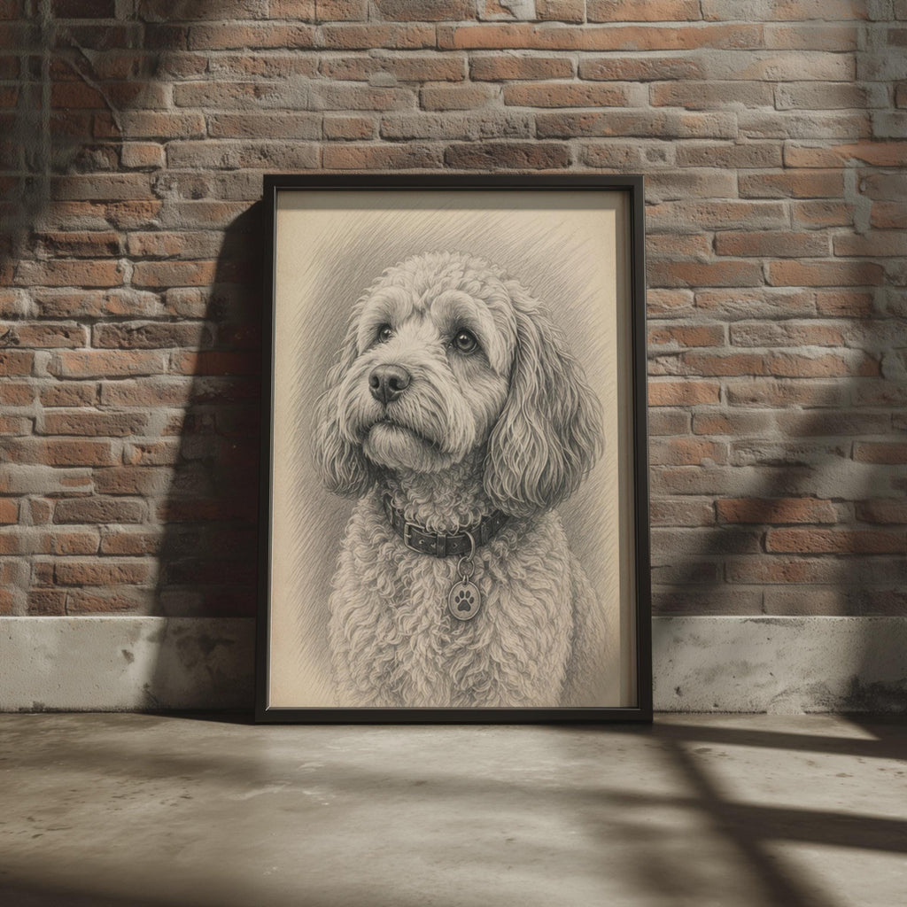 Cockapoo Pencil Sketch Portrait, Curly Coat Dog Art Print