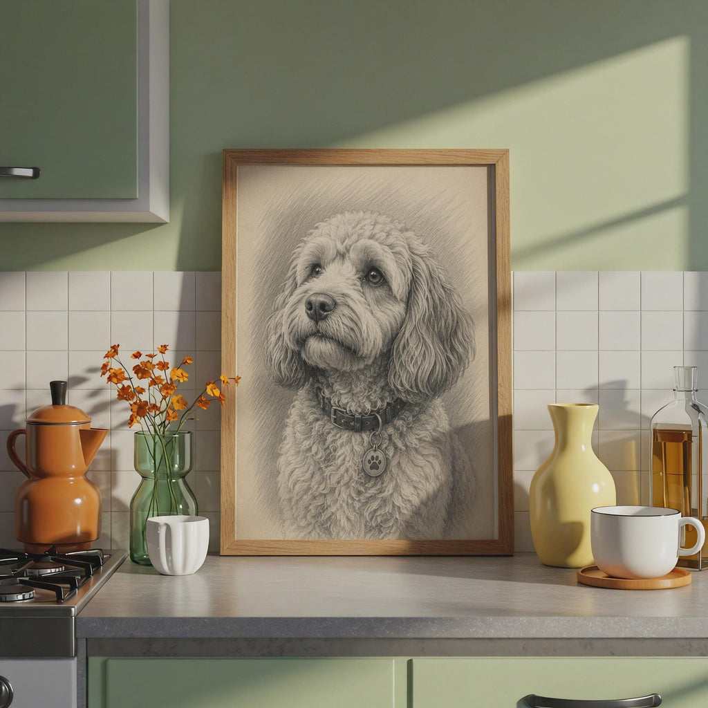 Cockapoo Pencil Sketch Portrait, Curly Coat Dog Art Print
