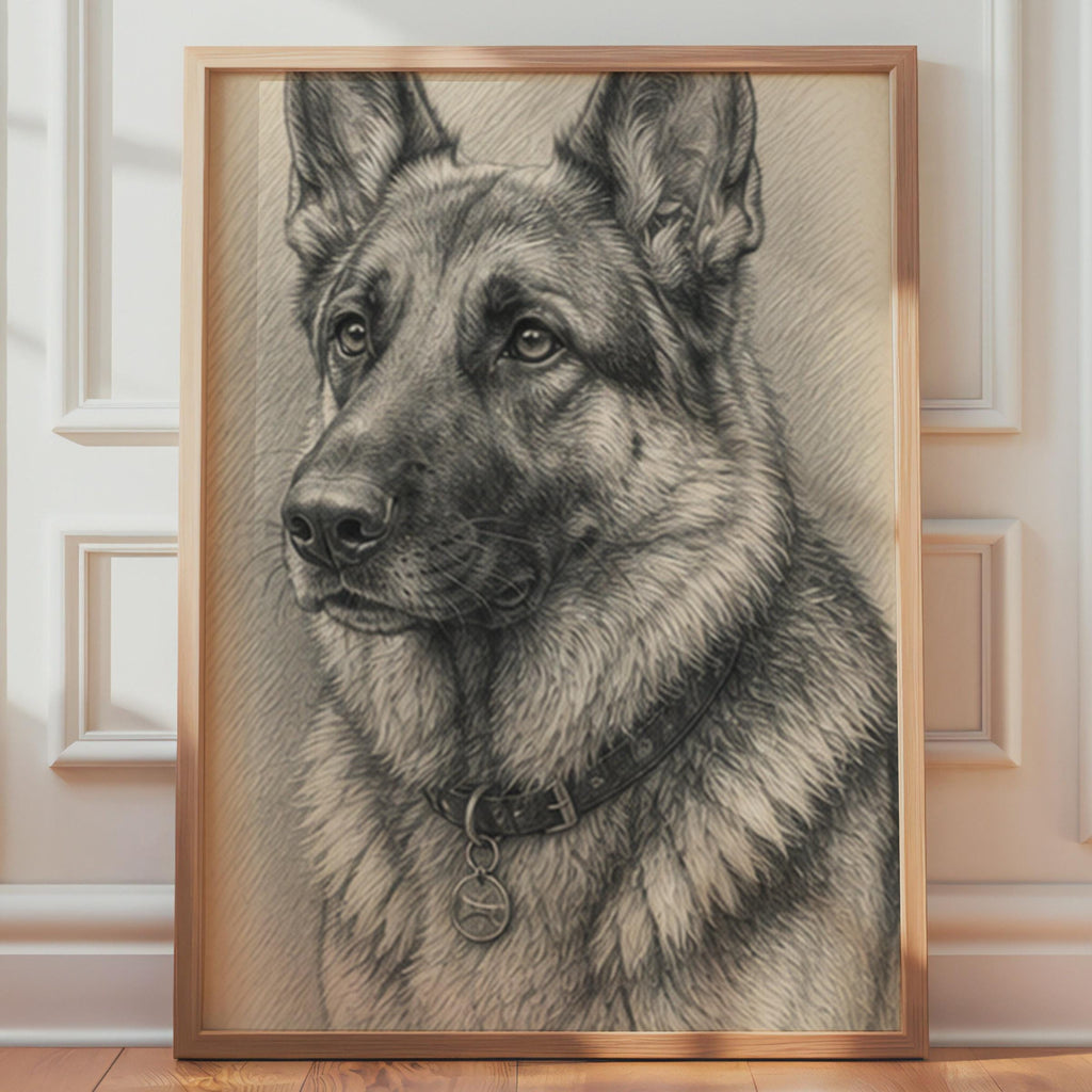 Realistic German Shepherd Pencil Sketch Poster, GSD Dog Lover Gift Print