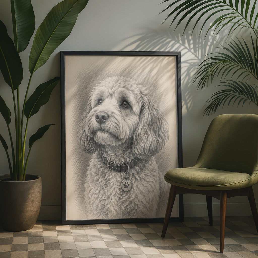 Cockapoo Pencil Sketch Portrait, Curly Coat Dog Art Print