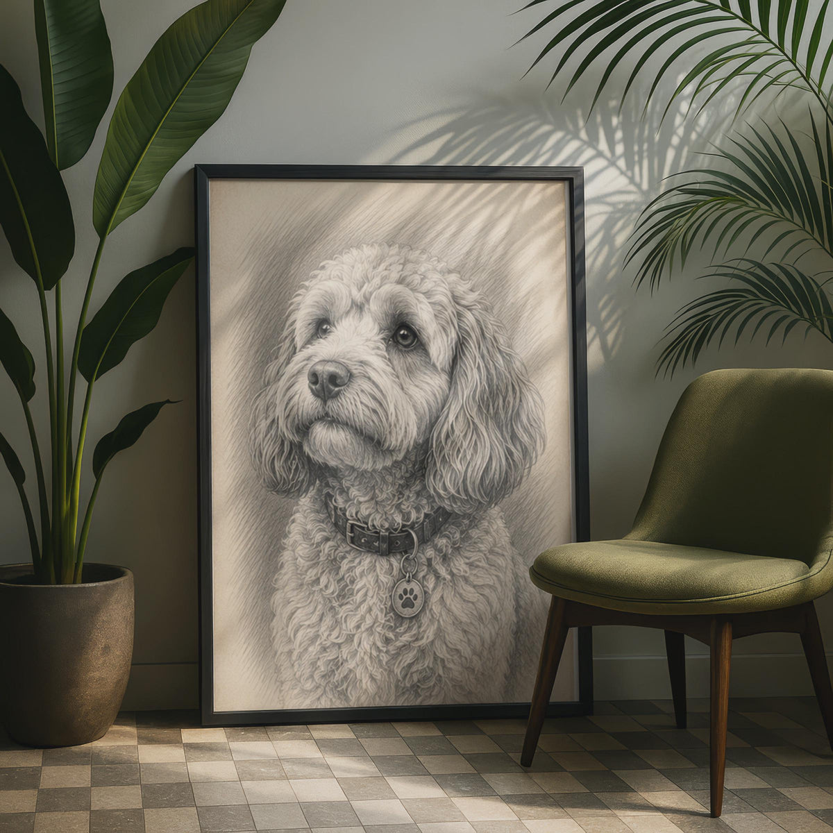 Cockapoo Pencil Sketch Portrait, Curly Coat Dog Art Print