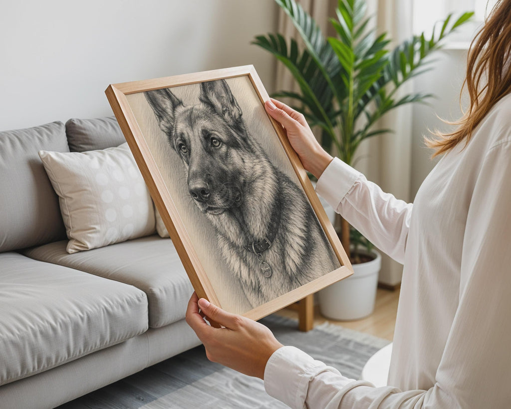 Realistic German Shepherd Pencil Sketch Poster, GSD Dog Lover Gift Print