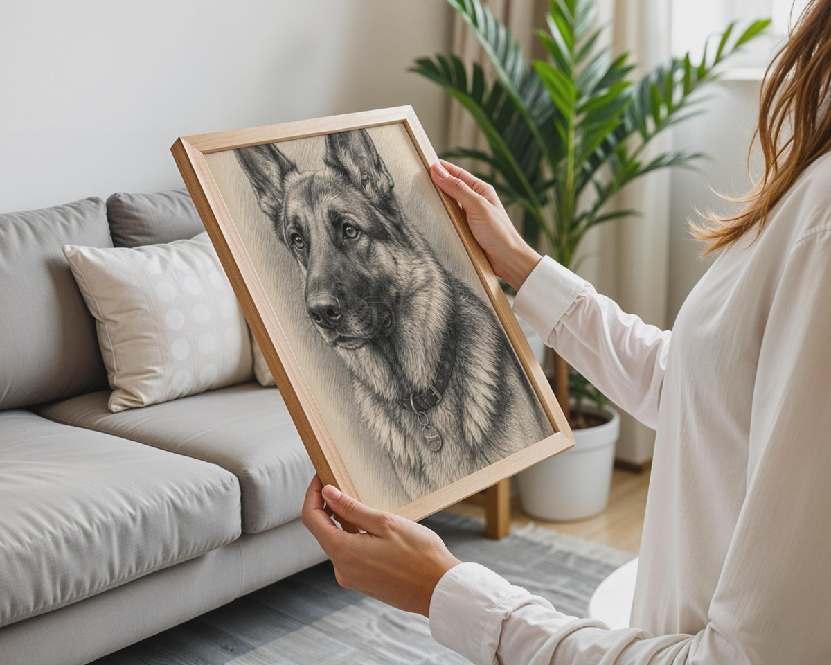 Realistic German Shepherd Pencil Sketch Poster, GSD Dog Lover Gift Print