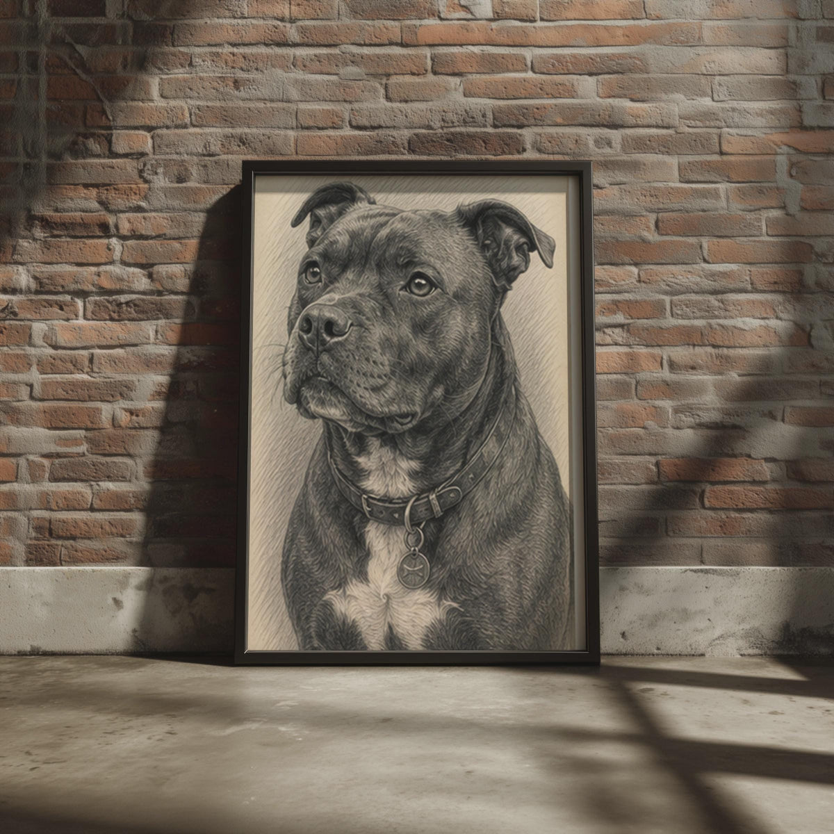 Staffordshire Bull Terrier Graphite Sketch Print, Black Grey Dog Portrait Print