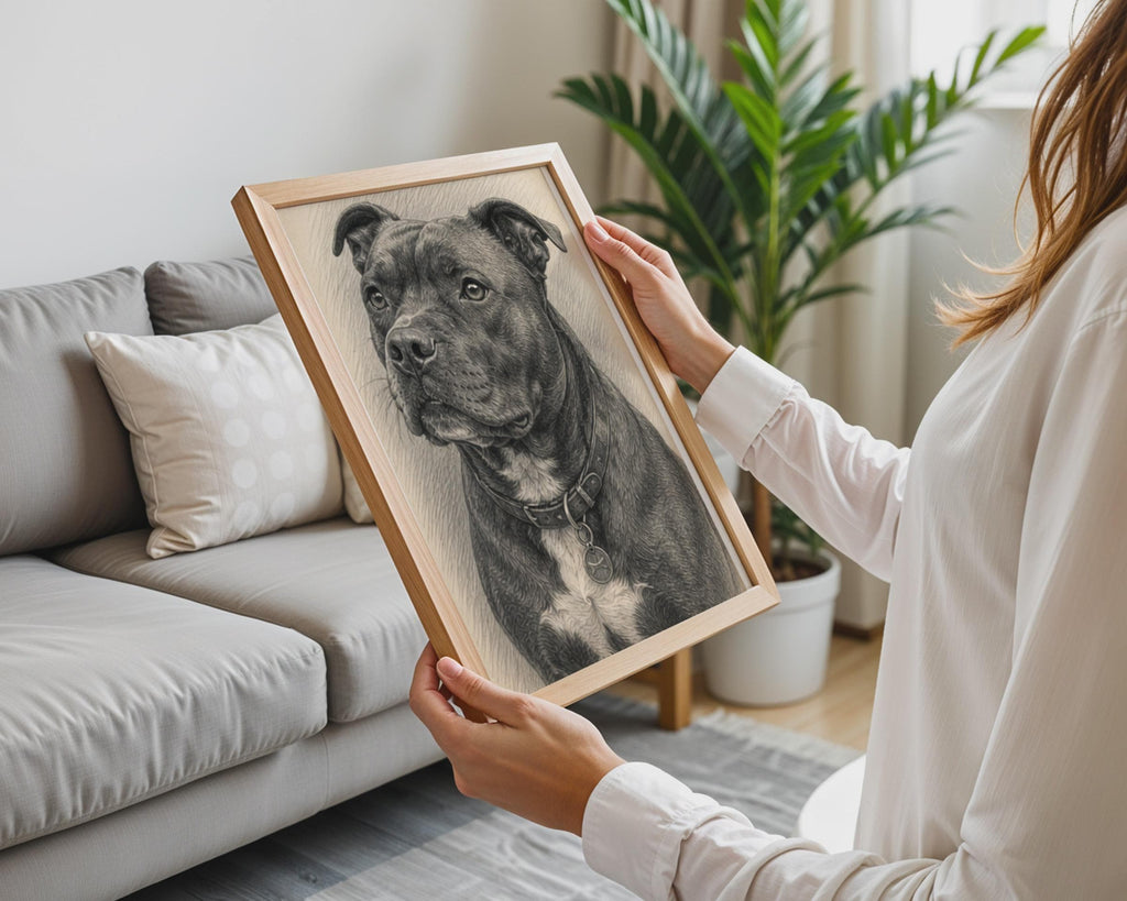 Staffordshire Bull Terrier Graphite Sketch Print, Black Grey Dog Portrait Print