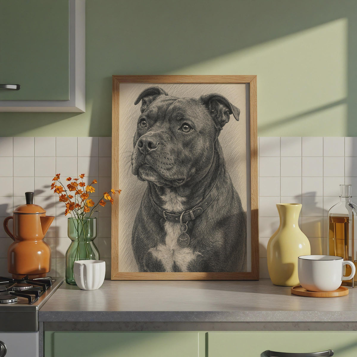 Staffordshire Bull Terrier Graphite Sketch Print, Black Grey Dog Portrait Print