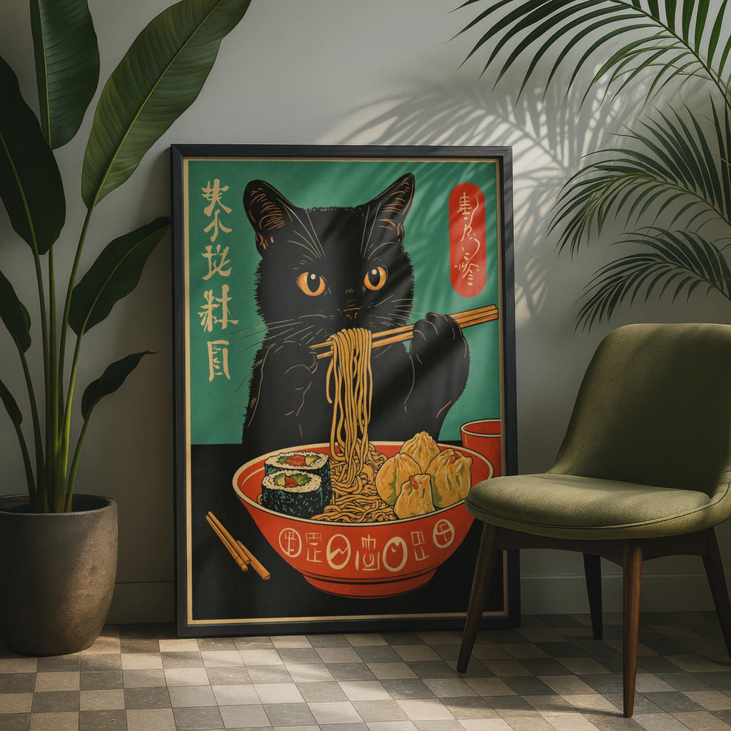 Retro Black Cat Ramen Poster, Japanese Noodle Bowl Art Print