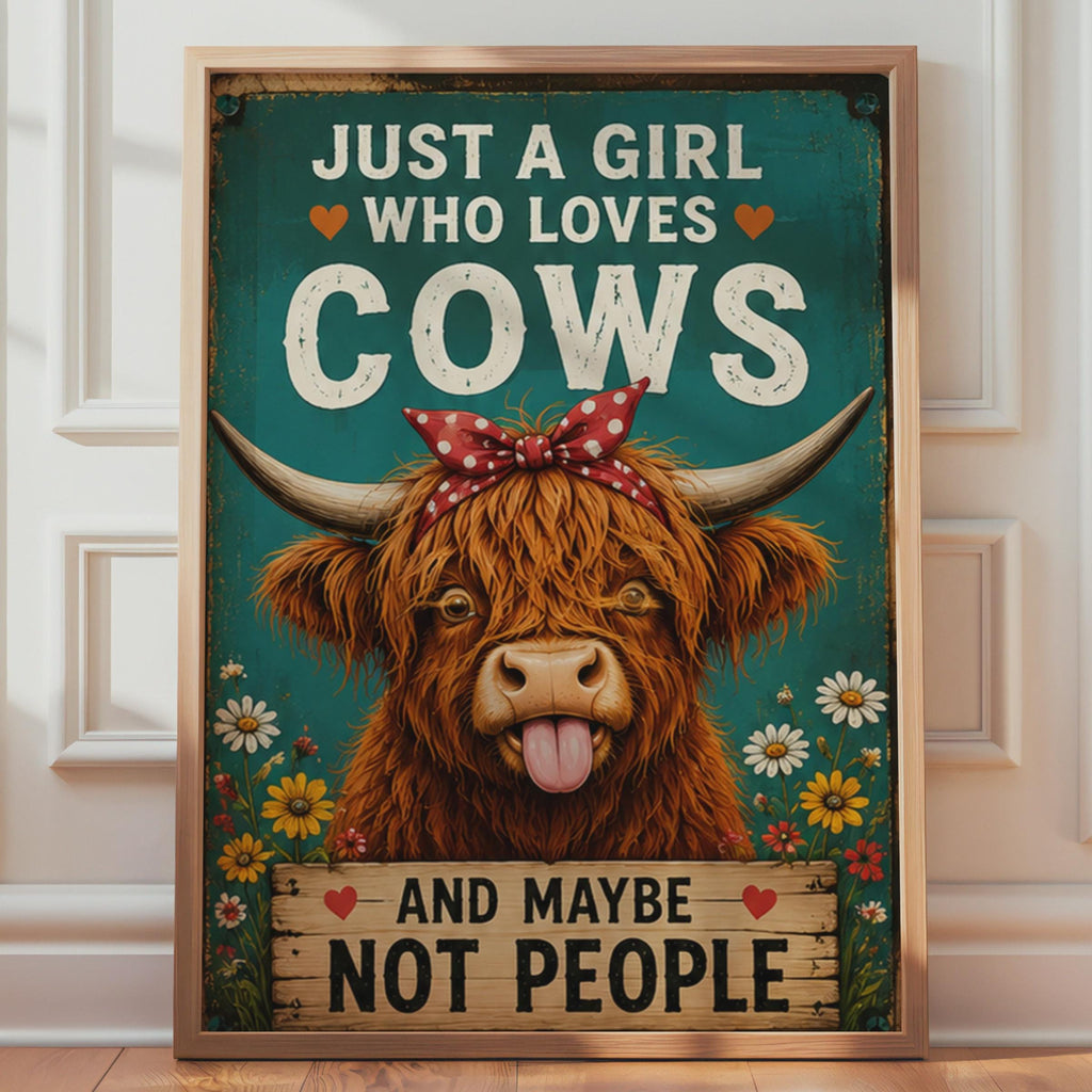 Funny Highland Cow Poster, Teal Floral Farm Animal Art, Retro Cow Print