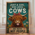 Funny Highland Cow Poster, Teal Floral Farm Animal Art, Retro Cow Print