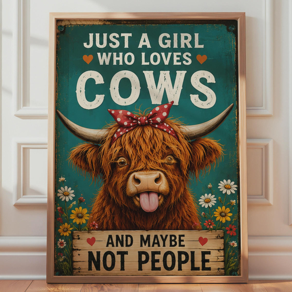 Funny Highland Cow Poster, Teal Floral Farm Animal Art, Retro Cow Print