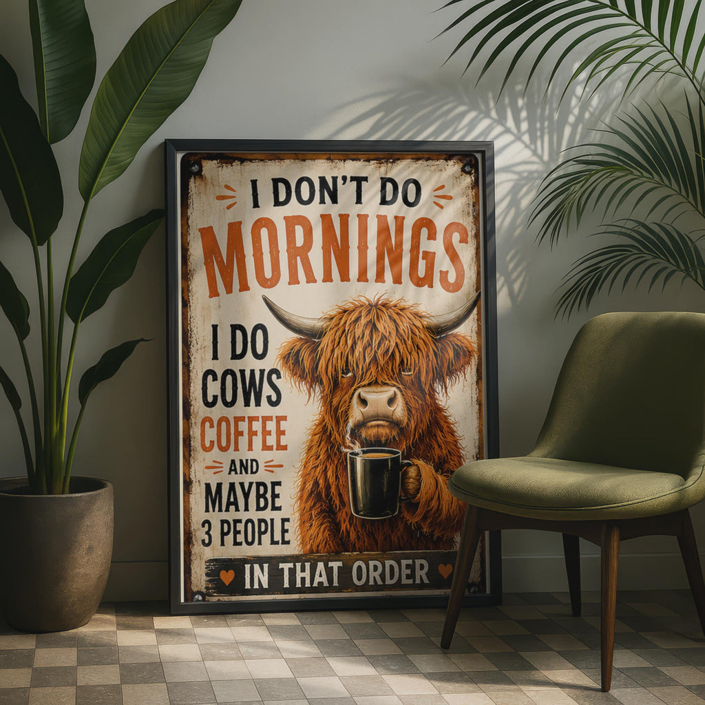 Grumpy Highland Cow Coffee Poster, Rustic Farmhouse Kitchen Decor  Print