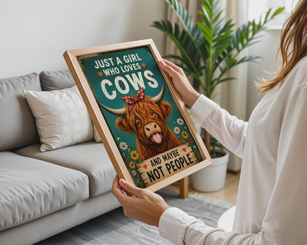 Funny Highland Cow Poster, Teal Floral Farm Animal Art, Retro Cow Print