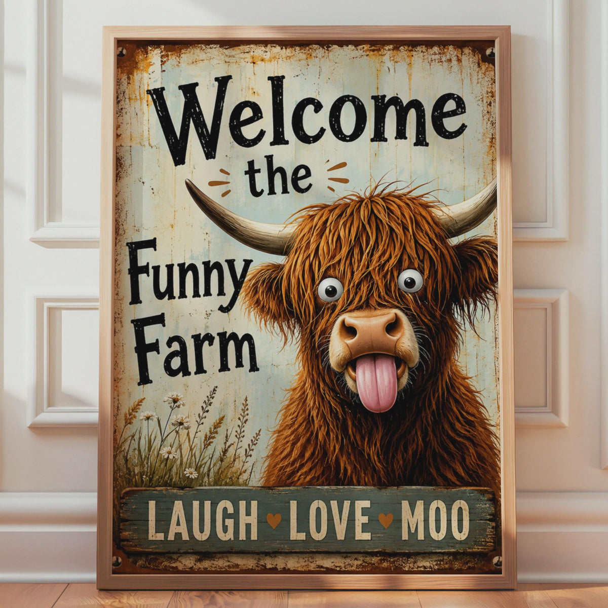 Funny Highland Cow Welcome Sign, Rustic Farmhouse Wall Art Print, Laugh Love Moo Poster